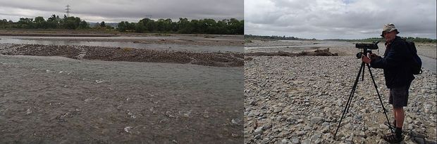 Nick Ledger with his spotting scope for looking at birds, and a view of the Ashley River which is a wide shallow braided river