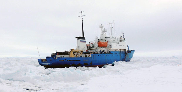 Akademik Shokalskiy in ice, photo by B and J Tucker