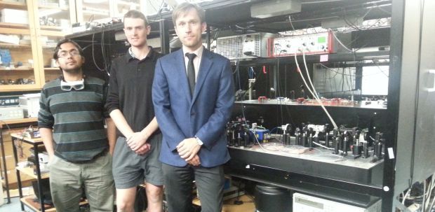 Laser optics on a table with Amita Deb, Thomas McKellar and Niels Kjaergaard