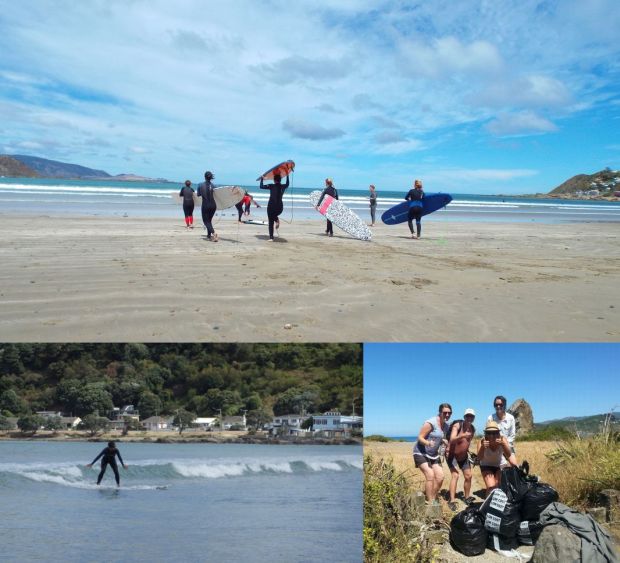 learning to surf and cleaning the beach